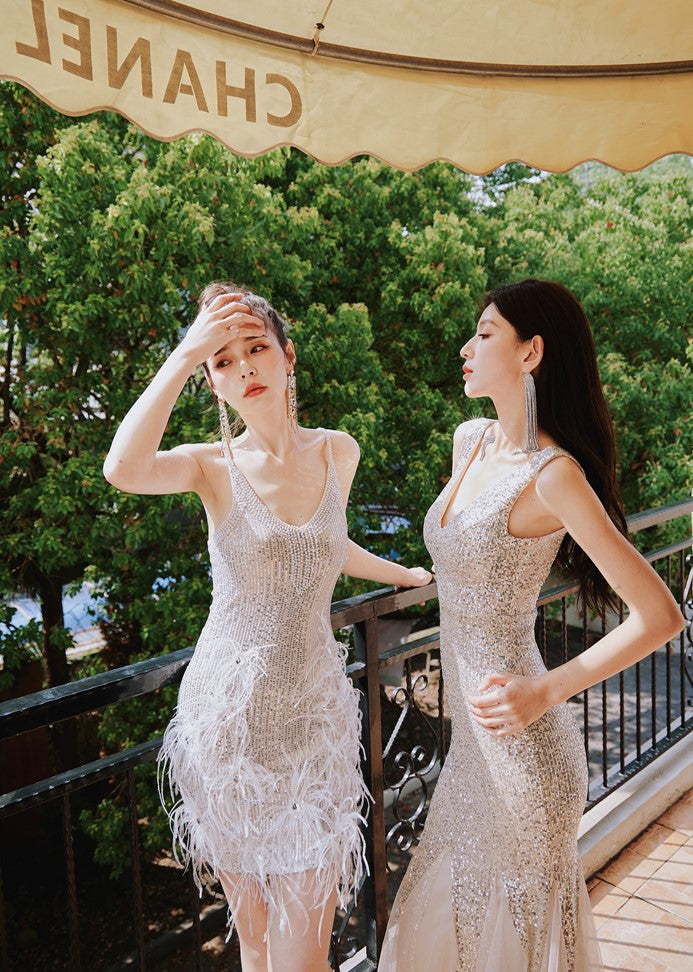 DOLLY Elegant Deep V-Neck Sleeveless Sequin Mesh Long Cocktail Dress-JUSTINA