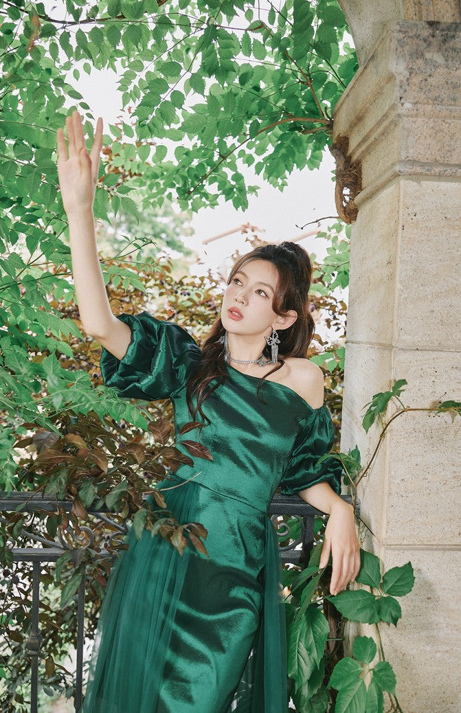 DOLLY Elegant Dark Green Retro Style Slant Collar Short Puff Sleeve Short Banquet Dress-CHITAH