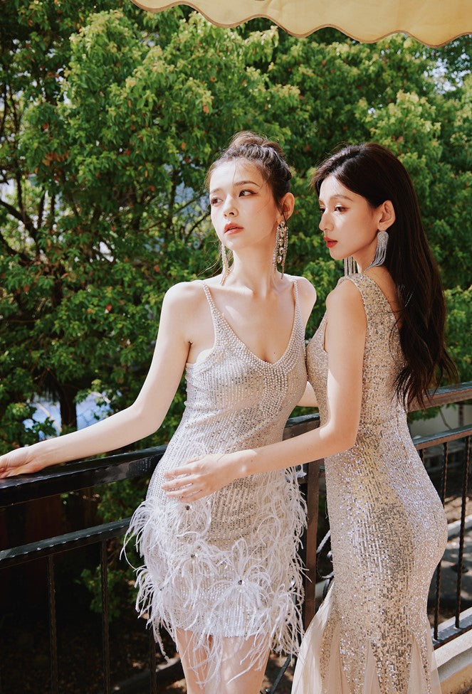 DOLLY Elegant Deep V-Neck Sleeveless Sequin Mesh Long Cocktail Dress-JUSTINA