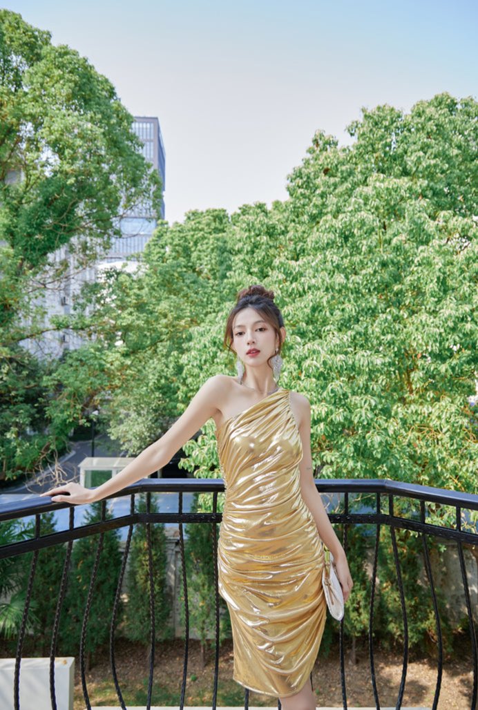 DOLLY Gold Slant Collar Off Shoulder Pleated Body Hug Midi Dinner Dress-AURELIA