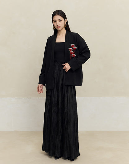 HECO striped texture swing high waist black green women's long skirt - muse.