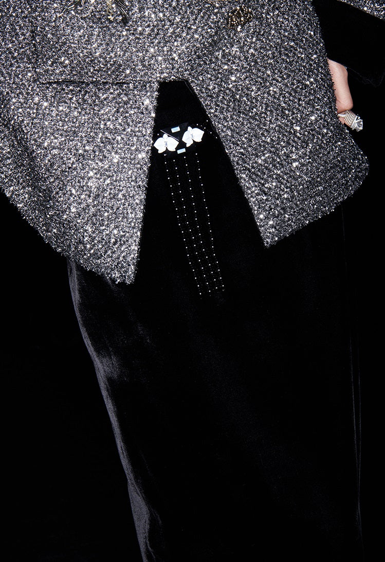 M essential Mackay designer cedar beaded jacket  elegant black velvet skirt- abel.