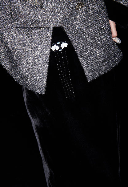 M essential Mackay designer cedar beaded jacket  elegant black velvet skirt- abel.