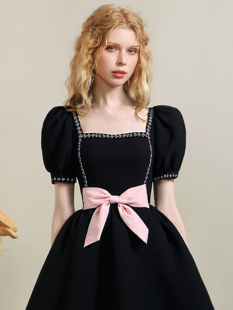 CHECOCRE Chic Puff Sleeve Diamond Chain Waist Puffy Little Black Dress - GENERATE