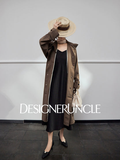 DGU |Dark Brown Trench light Luxury Design coat Collar Temperament Long Niche Top - Antonia.