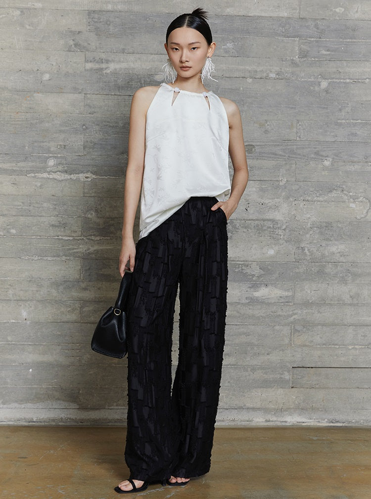 HECO jacquard loose thin wide-leg high waisted black pink apricot PANTS women - PURPOSE.