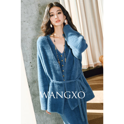 WANGXO | Ultimate Fluffy Mink Hair Texture  Lazy Soft Cardigan, Matching Vest & Elegant Fishtail Skirt Set-  KIMI ?