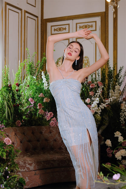 Wardrobes by Chen Luxury Blue Sleeveless Rhinestone Embroidery Slit Dress - Dami