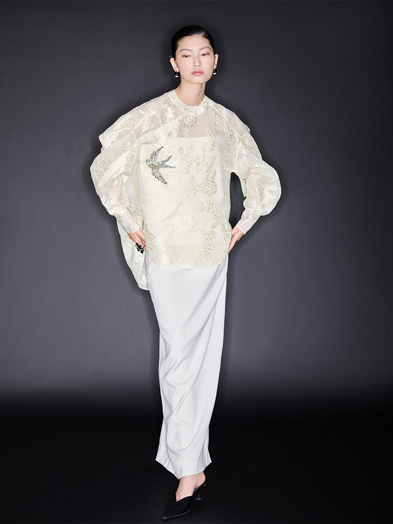 M essential Mackay designer embroidered semi-sheer silhouette shirt skirt set -  Arani.