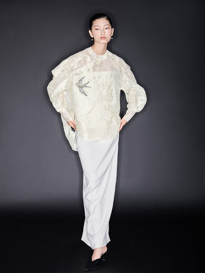 M essential Mackay designer embroidered semi-sheer silhouette shirt skirt set -  Arani.