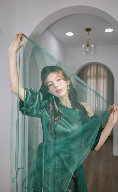 DOLLY Elegant Dark Green Retro Style Slant Collar Short Puff Sleeve Short Banquet Dress-CHITAH