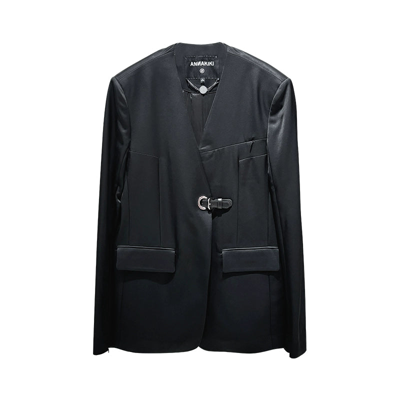 ANNAKIKI designer black acetate collarless split V-neck blazer-PEARL