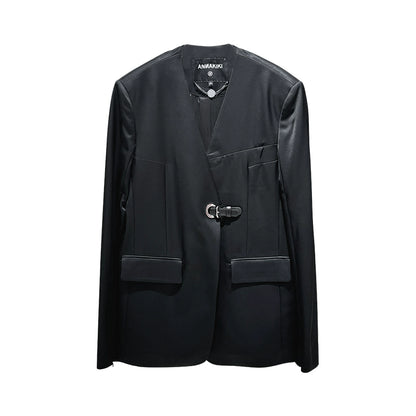 ANNAKIKI designer black acetate collarless split V-neck blazer-PEARL