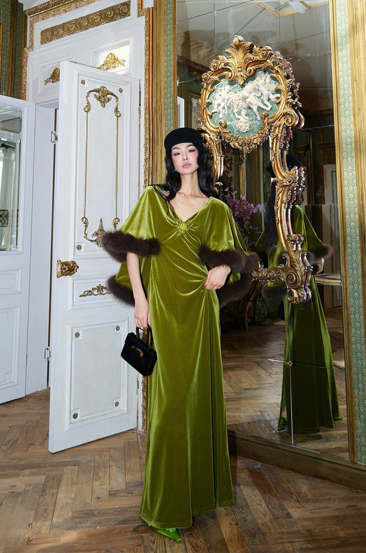 MEI SANGUAN Green V-neck short-sleeved fox fur dress - OLIVER