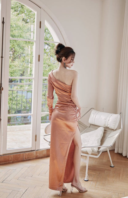 DOLLY Elegant Peach French Style Slopping Shoulder Long Sleeve Dinner Dress-ESME