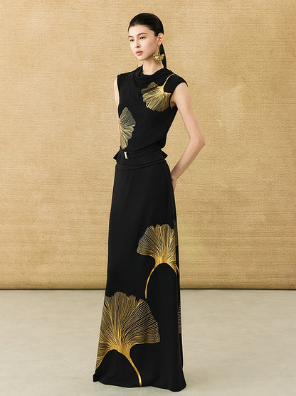 HECO Chinese draped skirt summer fashion ginkgo print skirt set - AFLORAL.