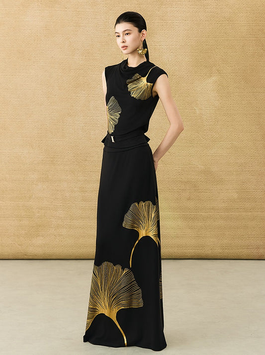 HECO Chinese draped skirt summer fashion ginkgo print skirt set - AFLORAL.