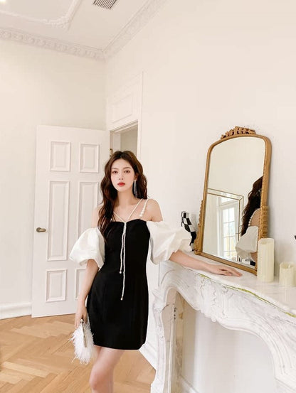 DOLLY Luxury Off Shoulder White Puff Sleeves Black A-Line Dinner Dress-MERCIA