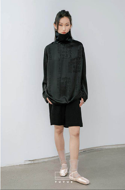 TUYUE Black Acetate Satin Calligraphy Dark Pattern High Neck Long Sleeve Shirt- JOSH.