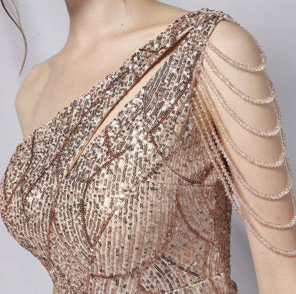 DOLLY Elegant Slant Collar Sleeveless Splice Sequin Slim Fit Dinner Guest Dress-NANA