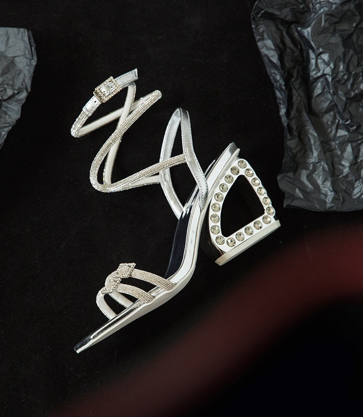 SHOESZOOO Slotted Strappy Open Toe Sandals Leather Block Heel  - DESTINY.