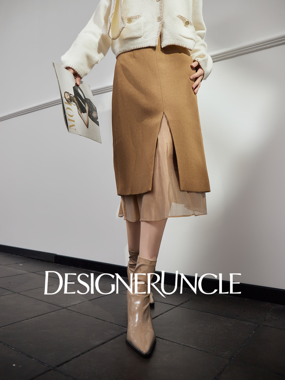 DGU "Lumu" coffee slit design high-end commuter long skirt - Ryan.