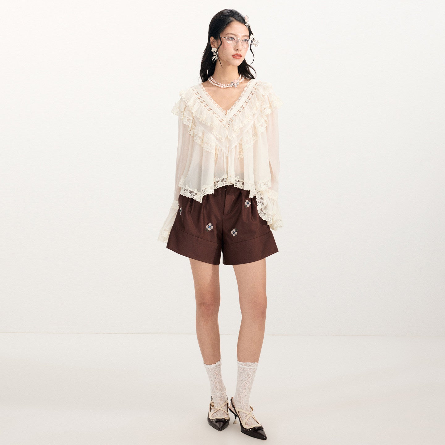 FAME Embroidered Ruffle V-Neck Long Sleeve Top