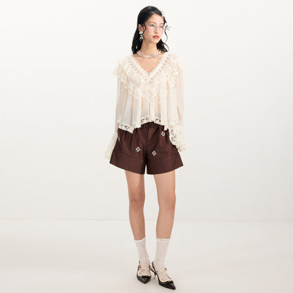 FAME Embroidered Ruffle V-Neck Long Sleeve Top