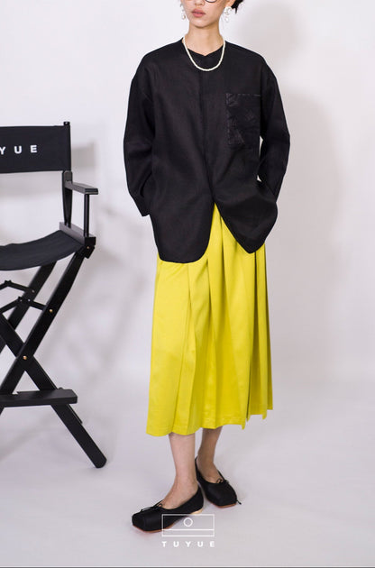 TUYUE Yellow Elastic Waist Pleated Everyday Casual Skirt- PRISCA.