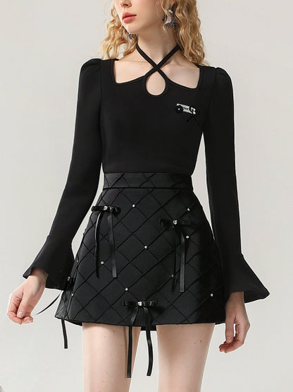 CHECOCRE Elegant Women's Design Sense Bow Satin Rhombi Two Piece Set - DESIRE