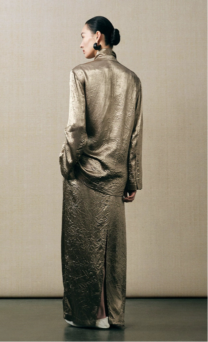 ZHUCHONGYUN satin loose straight new Chinese metallic jacket and skirt outfit set-ELRIC.