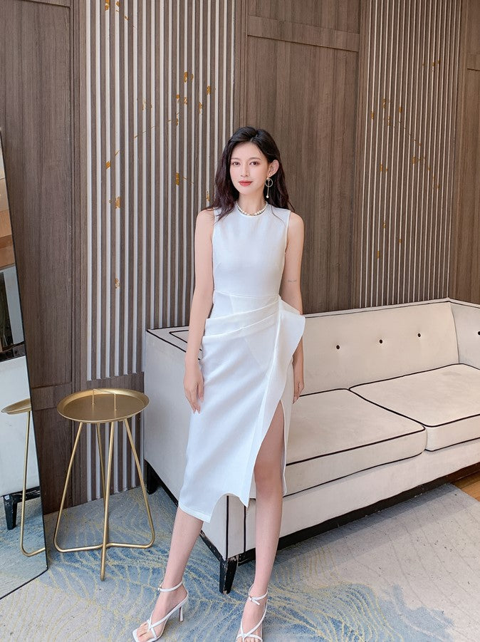 DOLLY Luxury Retro Style Crew Neck Sleeveless Pleated Slim Fit Midi Party Dress-CATIE