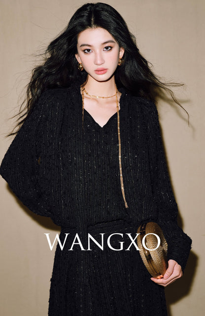 WANGXO | 3D Granular Jacquard Micro-Wrinkle Streamer V-Neck Top & Skirt Set- ADA.
