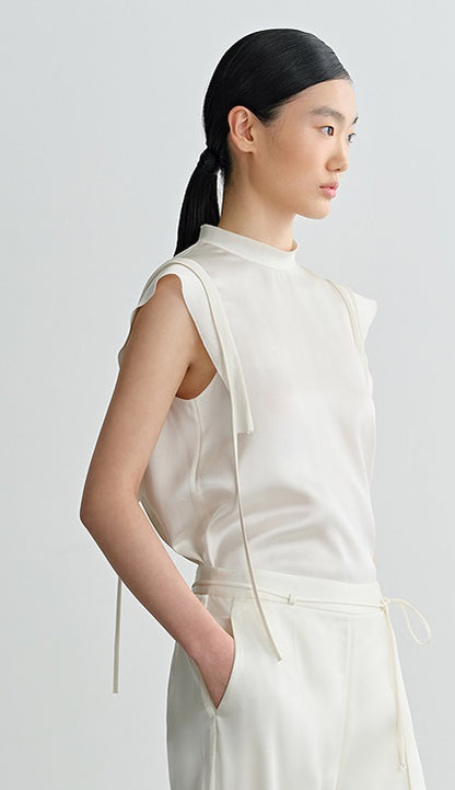 COMME MOI Lv Yan designer summer sleeveless stand collar triple acetate satin top - MEADOW.