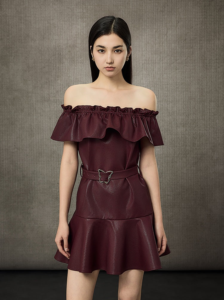 HECO Off Shoulder Ruffle Short Cinched Waist Dress  - SECRET.