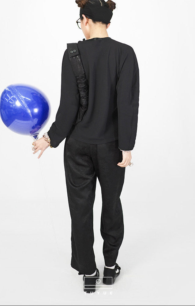 TUYUE Black Slanted Shoulder Side Open Buckle Long-Sleeved Top - HARRISON.