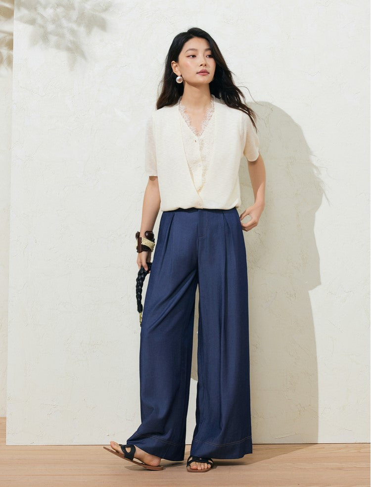 SUSHE LACE STITCHING V-NECK FIVE-QUARTER SLEEVES TWO-PIECE KNITTED TOP-EVA