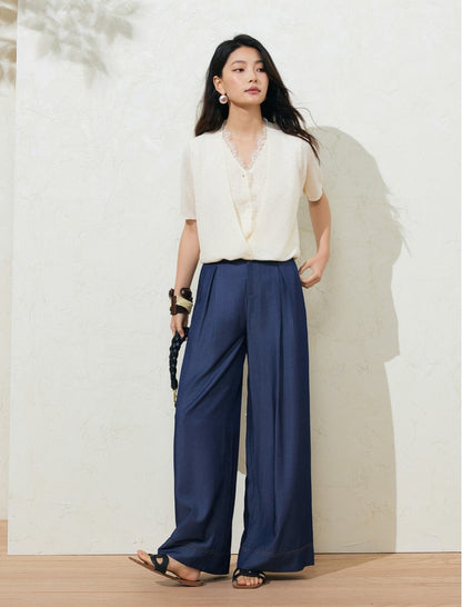 SUSHE LACE STITCHING V-NECK FIVE-QUARTER SLEEVES TWO-PIECE KNITTED TOP-EVA