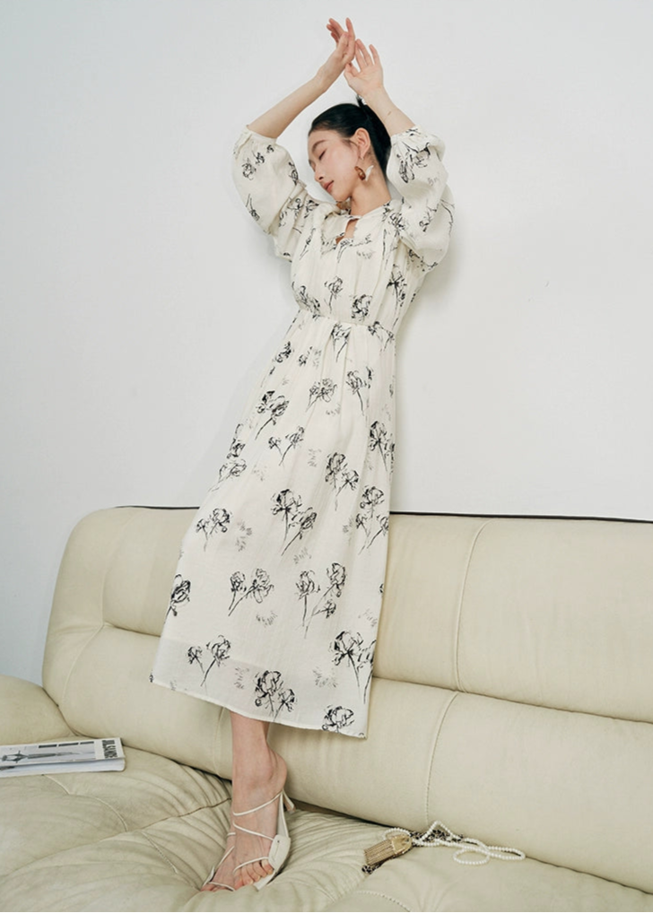 SUSHE white moonlight ink jacquard A-line  French summer long sleeve dress women-FLORA