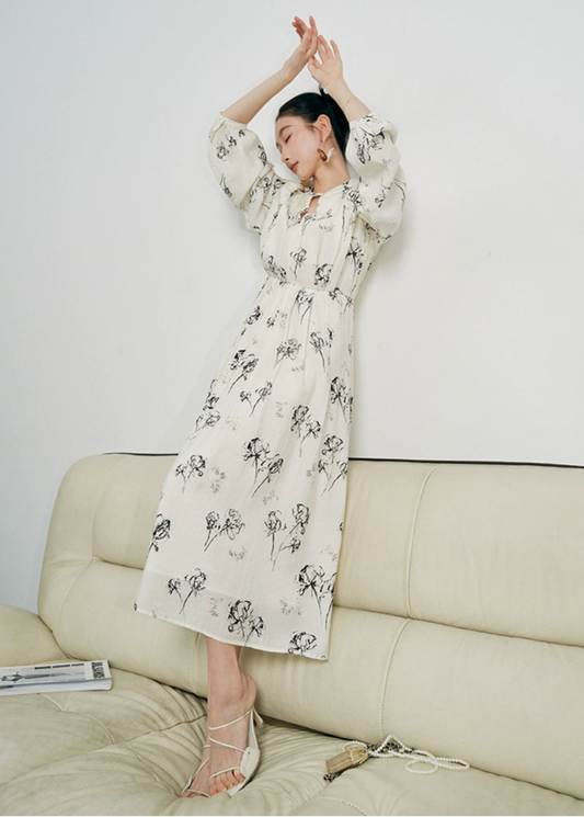 SUSHE white moonlight ink jacquard A-line  French summer long sleeve dress women-FLORA