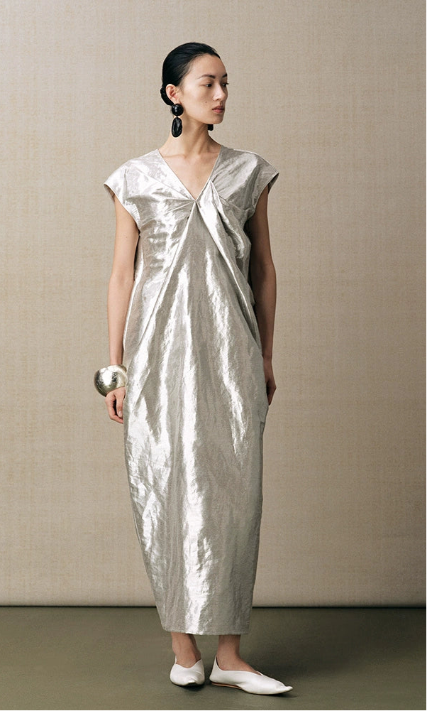 ZHUCHONGYUN silver Chinese silhouette V-neck slimming dress--SAKURA.