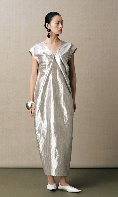 ZHUCHONGYUN silver Chinese silhouette V-neck slimming dress--SAKURA.