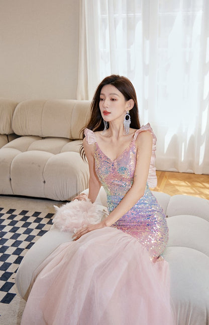 DOLLY Luxury Gradient Deep V-Neck Sleeveless Sequin Long Backless Party Dress-IVETTE