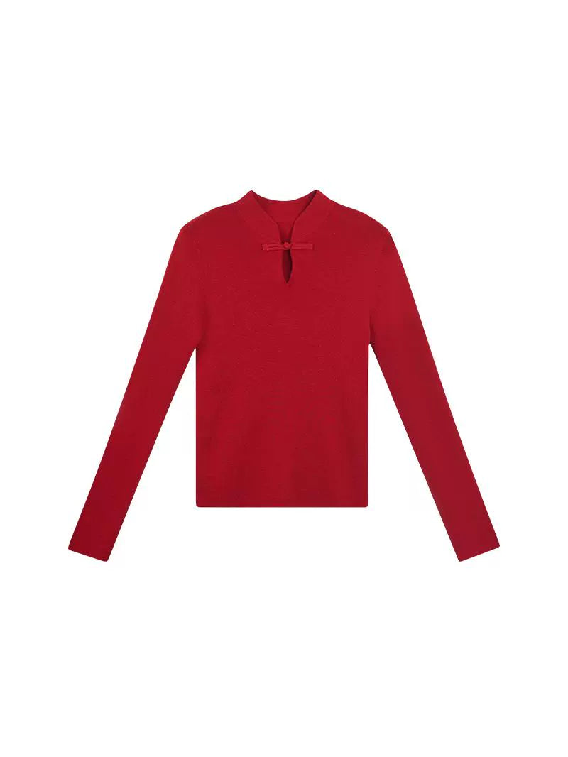 HECO Plain Worsted Wool Cheongsam Collar Buckle Knitwear - close.
