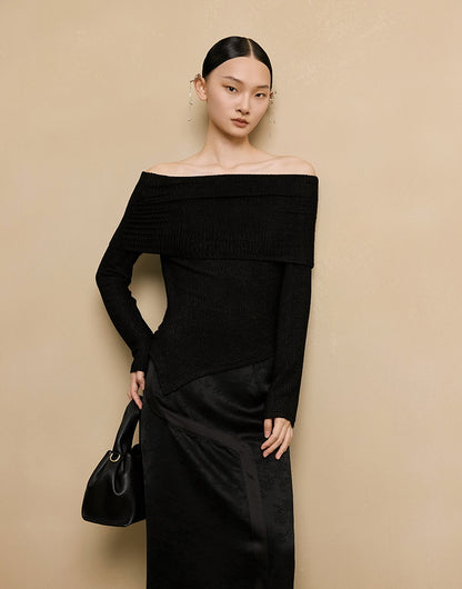 HECO stretch pleated off-the-shoulder long sleeve T-shirt - GRAD.