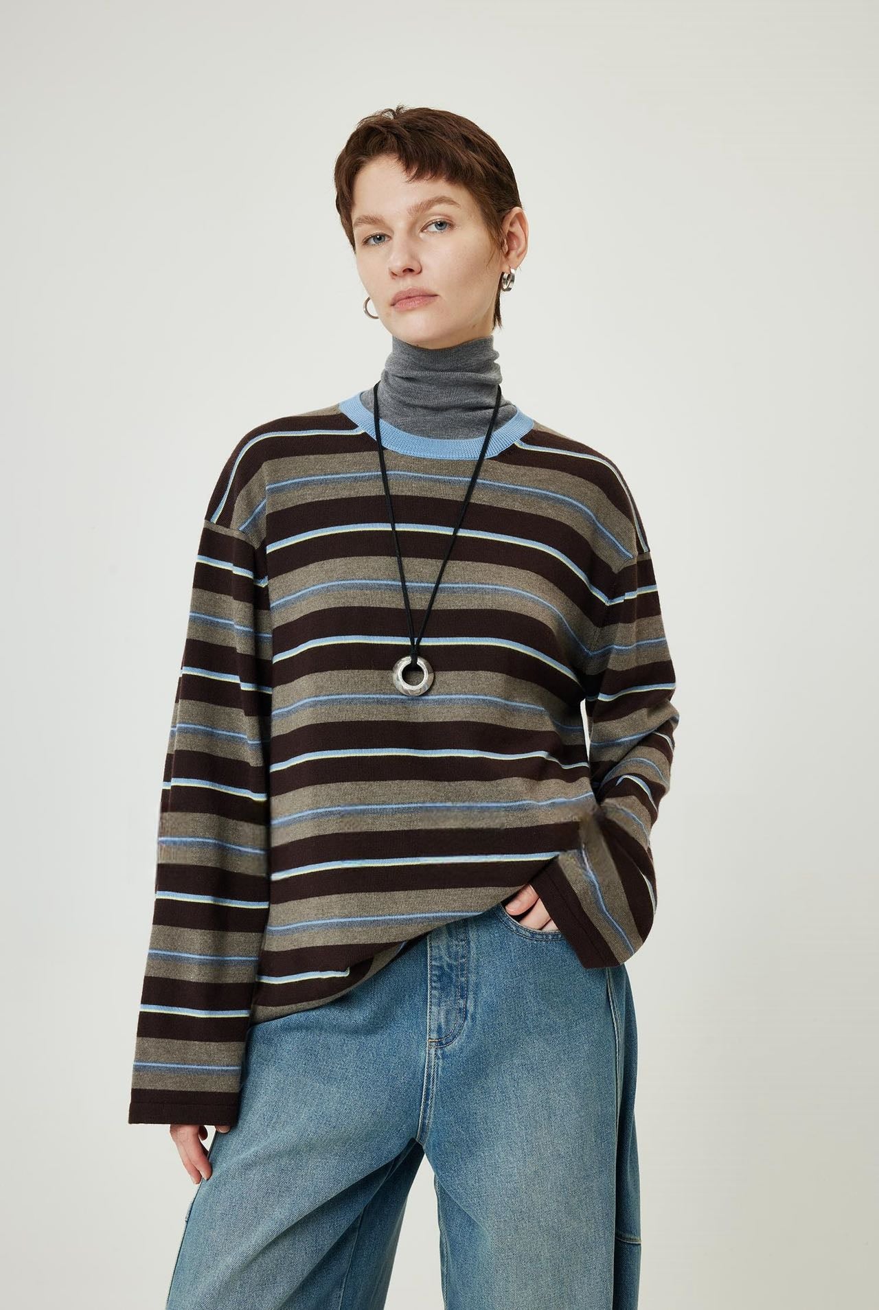 PIAOIN stripe design neutral loose long sleeve T-shirt silk wool knitwear spring-CIX