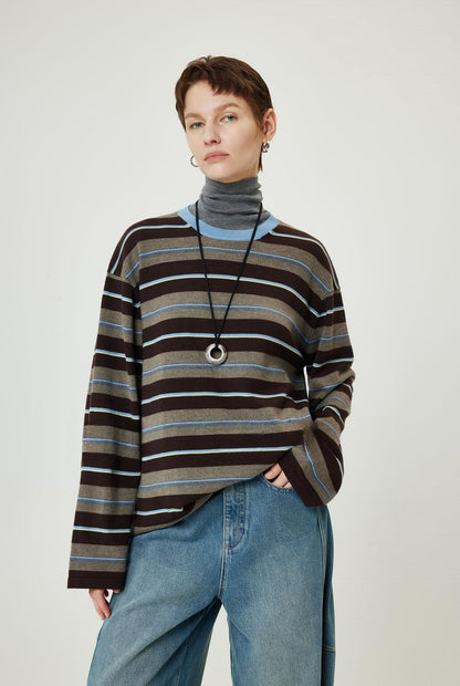 PIAOIN stripe design neutral loose long sleeve T-shirt silk wool knitwear spring-CIX