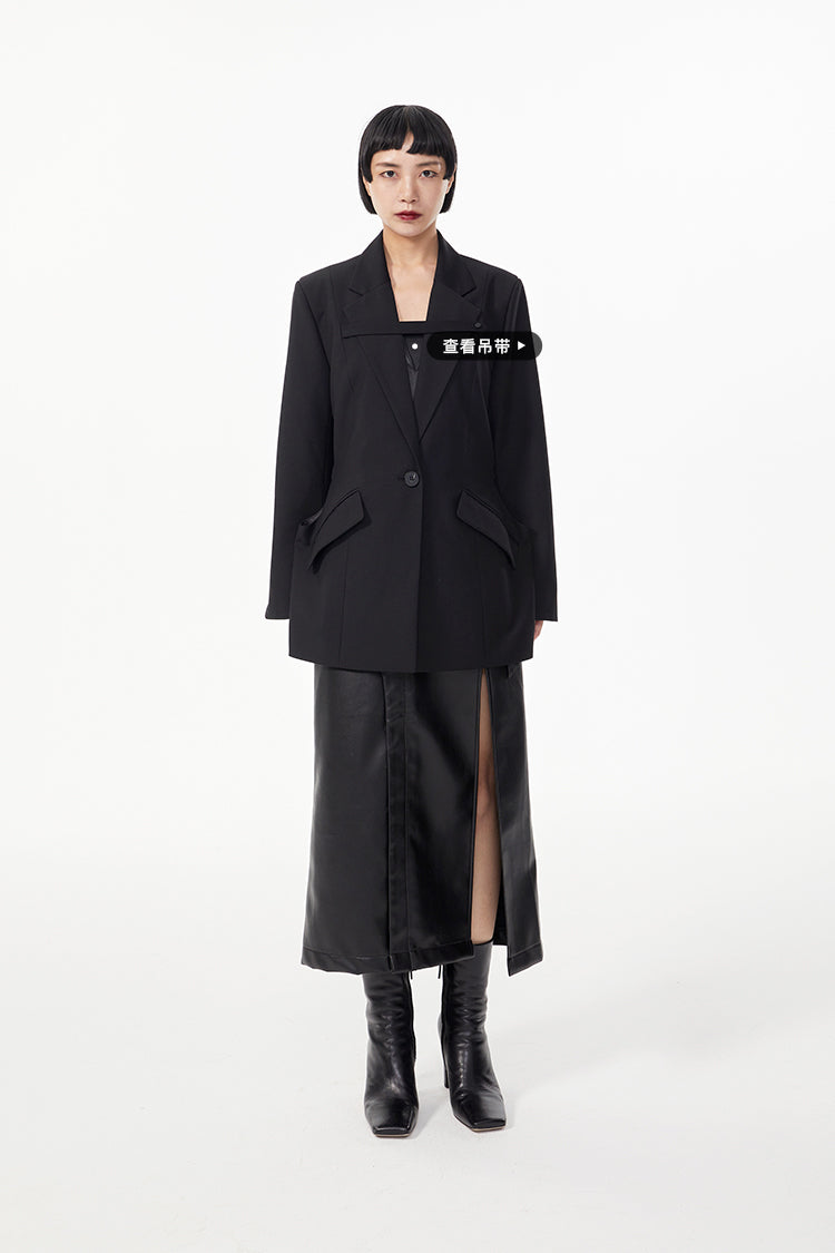 TINYIN  waist silhouette blazer women's one-button mid-length green black-ZYN