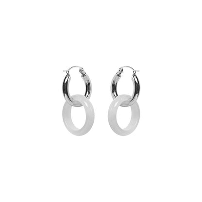 TUYUE Vintage Brass Silver Plated Plain Circle Onyx Earrings- TRISHA.