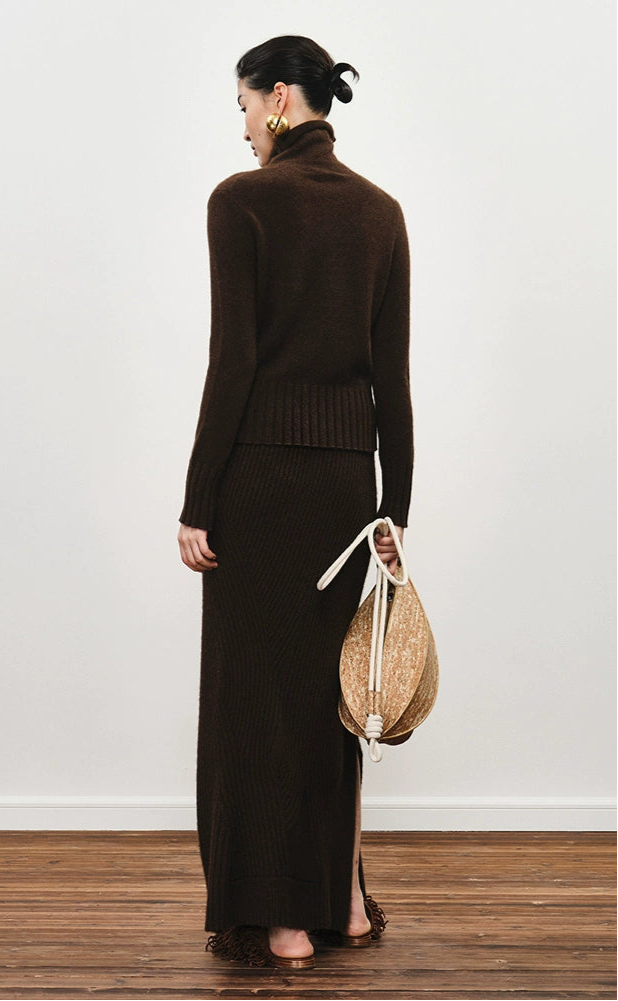 ZHUCHONGYUN Dark brown slim lapel collar knit top-SPIFF.